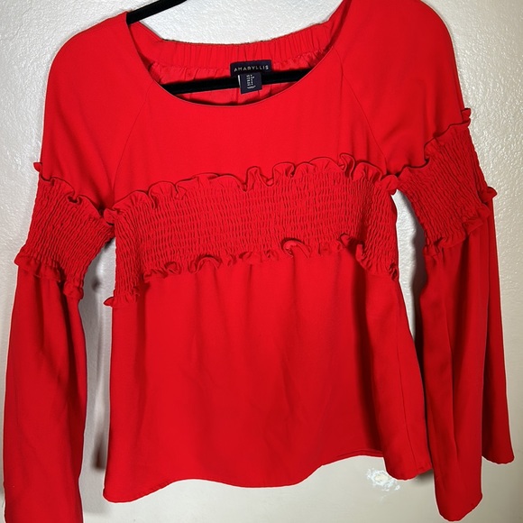 Amaryllis Apparel ruffled blouse Long Bell Sleeves solid Red Size Small - Picture 6 of 15